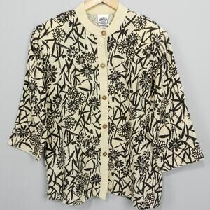 Vintage Produce Company‎ Cotton Jacket Sz XL Beige Black Floral Boxy Button Up